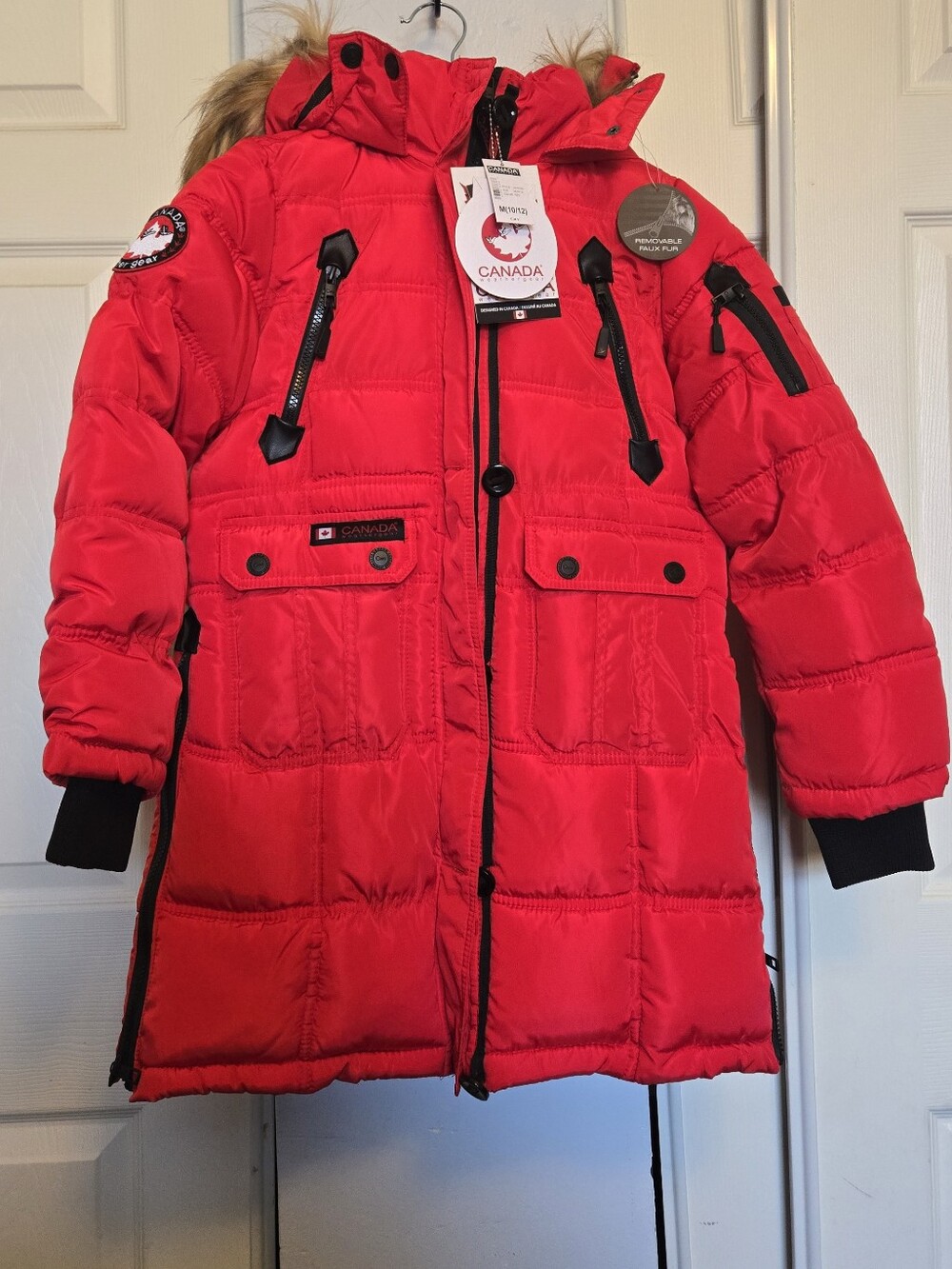 Kids' Red Puffer Parka Jacket with Faux-Fur Hood